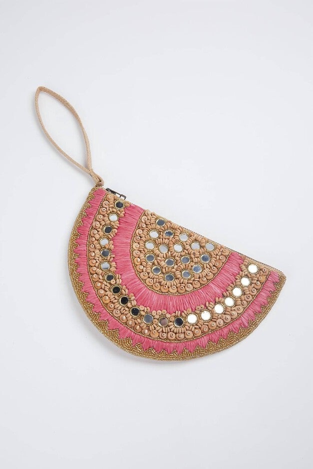 Sandia Raffia Clutch Wristlet Bag in Gold/Pink, GoldPink / Gold, hi-res image number 0