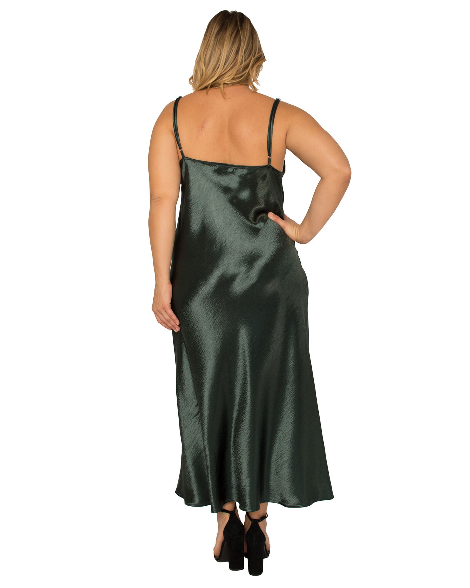 Michelle Plus Size Cowl Neck Spaghetti Strap Satin Slip Midi Dress, Green / Forest Green, alternate image number 3