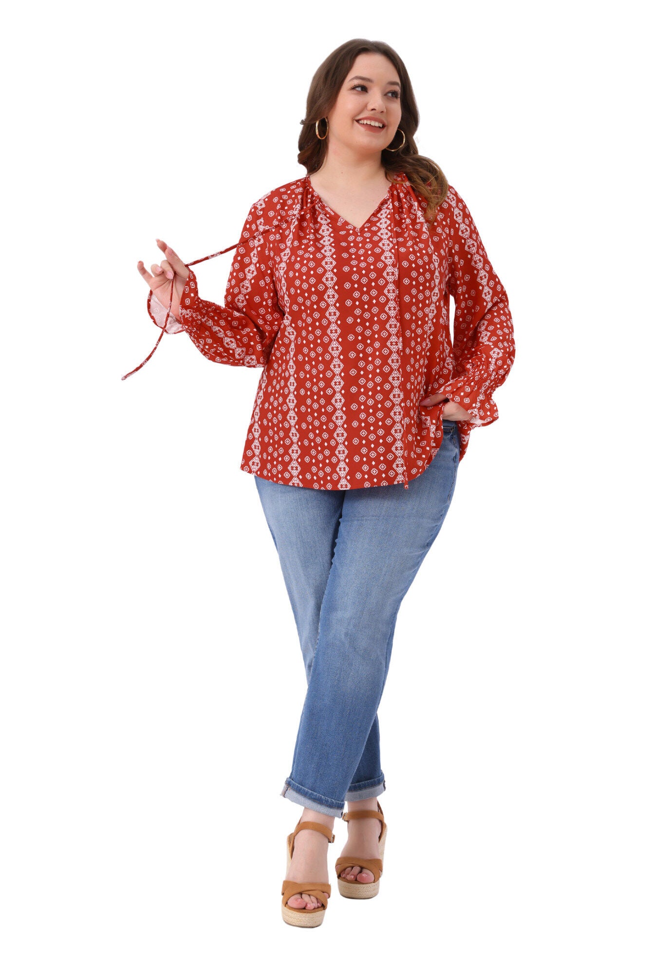 V Neck Drawstring Tassel Tie Printed Shirts Blouses, Red / Red, hi-res image number 0