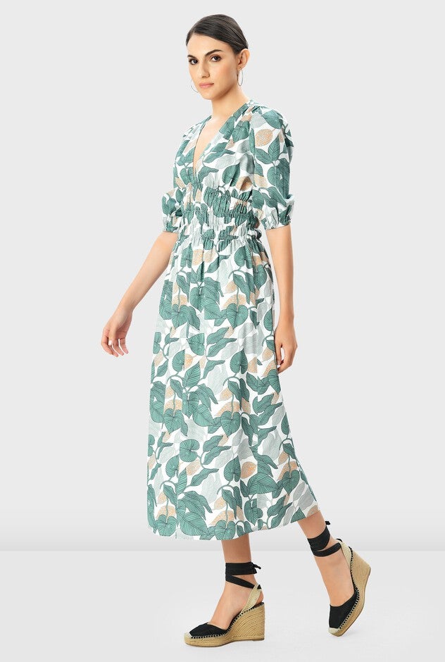 Smocked Empire Waist Leaf Print Cotton Poplin Dress, White / Mint, alternate image number null