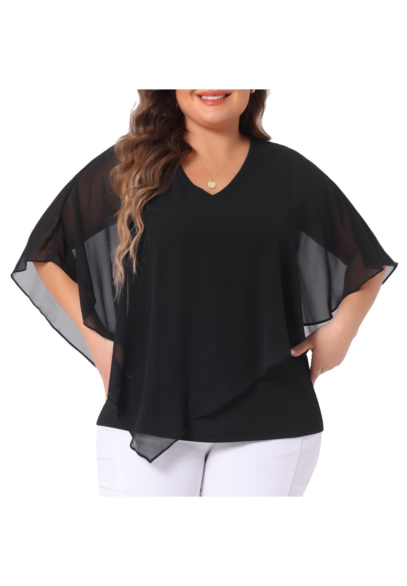 V Neck Flowy Shirt Double Layered Chiffon Top, Black / Black, alternate image number 2