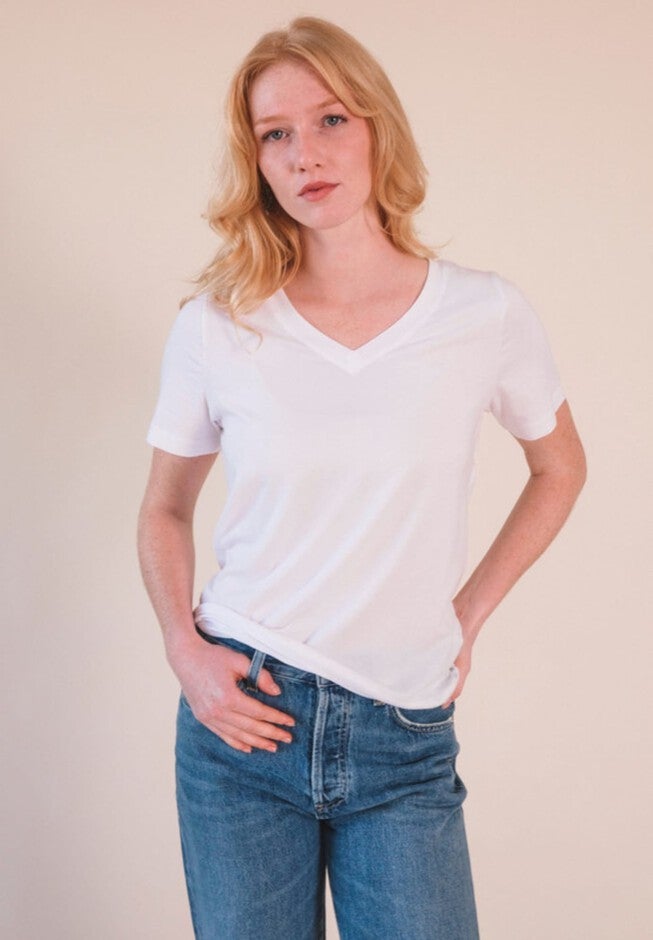 Plus Louise Organic Cotton + Tencel V-neck Tee, White / White, hi-res image number 0