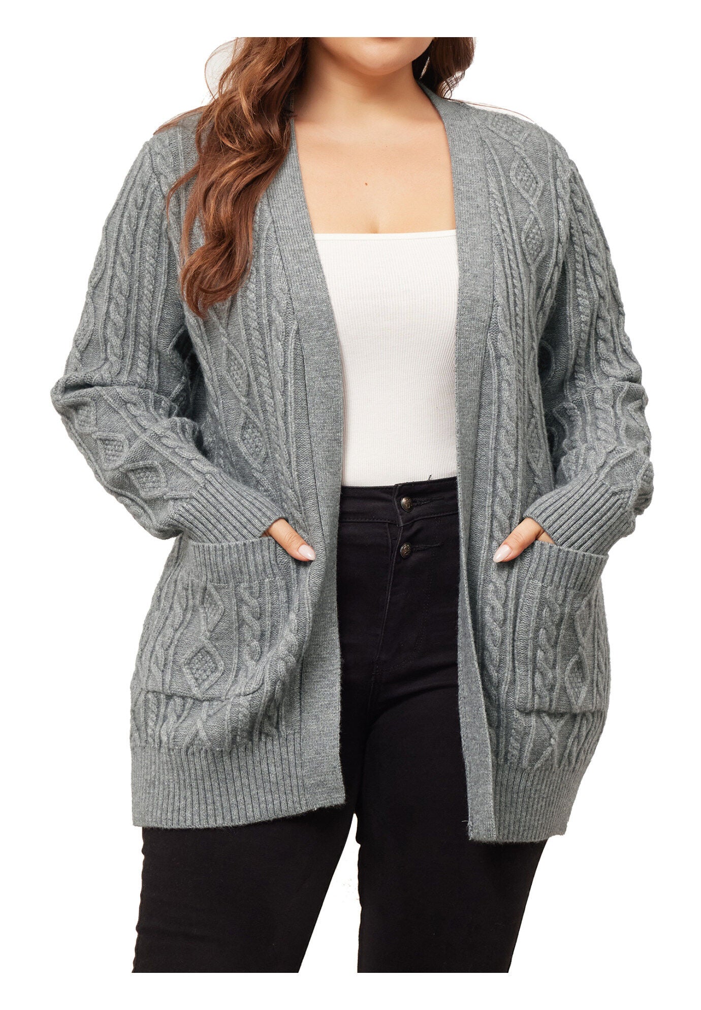 OPEN FRONT LIGHTWEIGHT SWEATER CARDIGAN WITH POCKETS, Gray / Light Grey, alternate image number 2