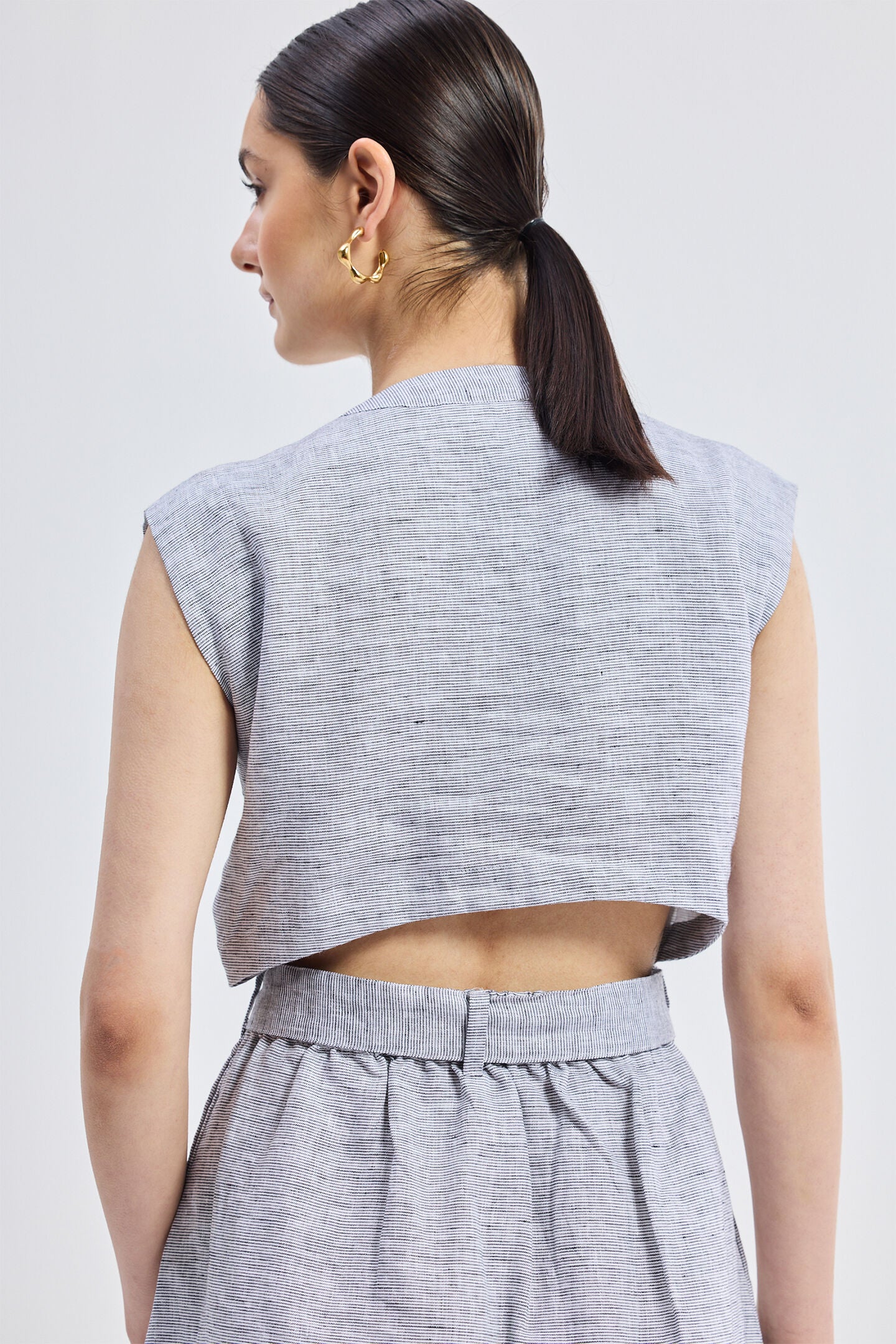 Back Cut Out Linen Dress, Pin striped Linen / Cool Gray, alternate image number 3