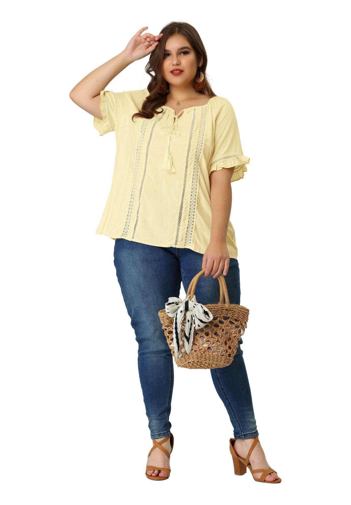 TIE NECK RUFFLE SHORT SLEEVE LACE CROCHET BLOUSE TOP, Yellow Cream / Cream, hi-res image number 0