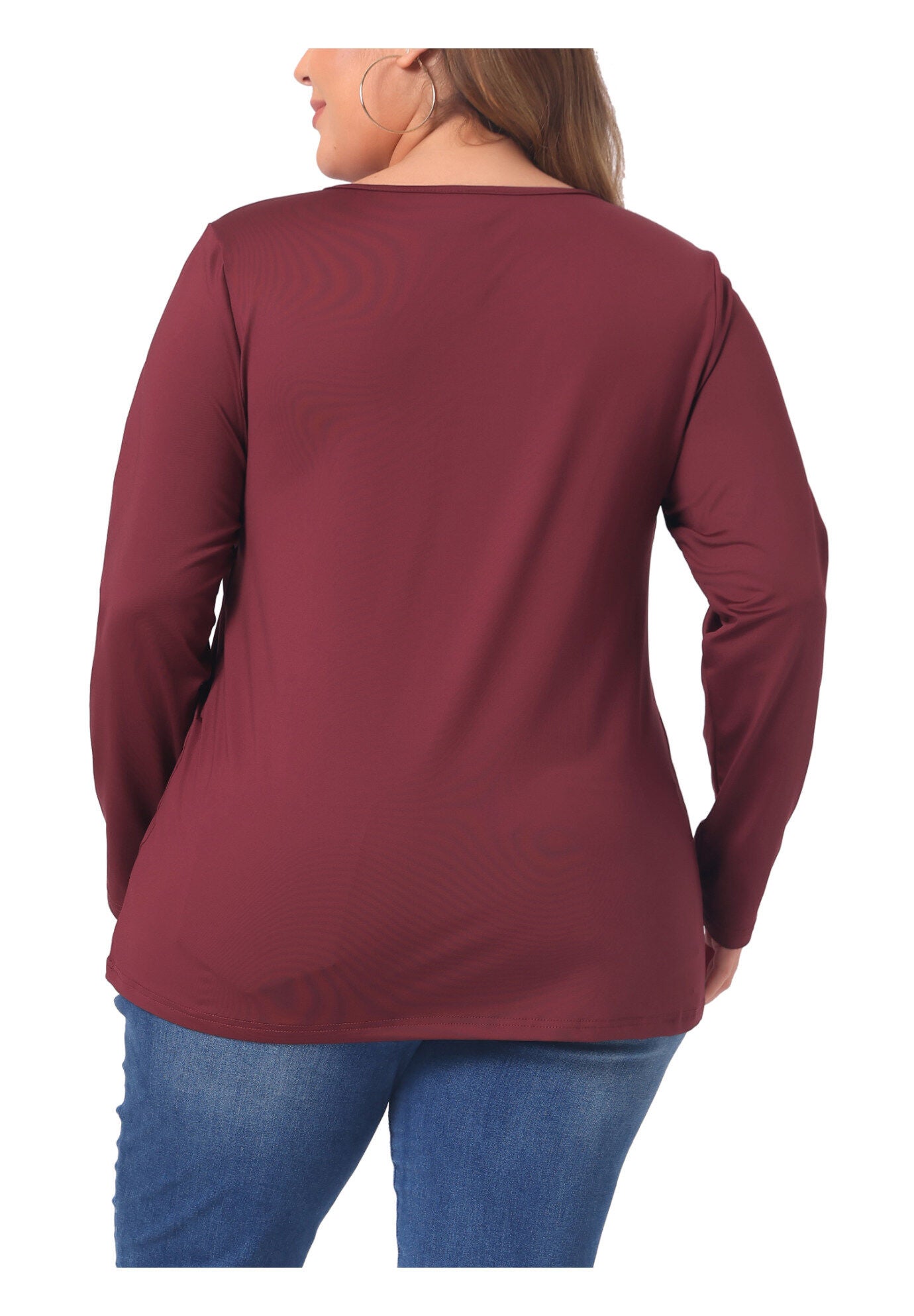 NOTCHED NECK LONG SLEEVE T-SHIRT LOOSE CASUAL TUNIC BLOUSE, Burgundy / Red, alternate image number 3