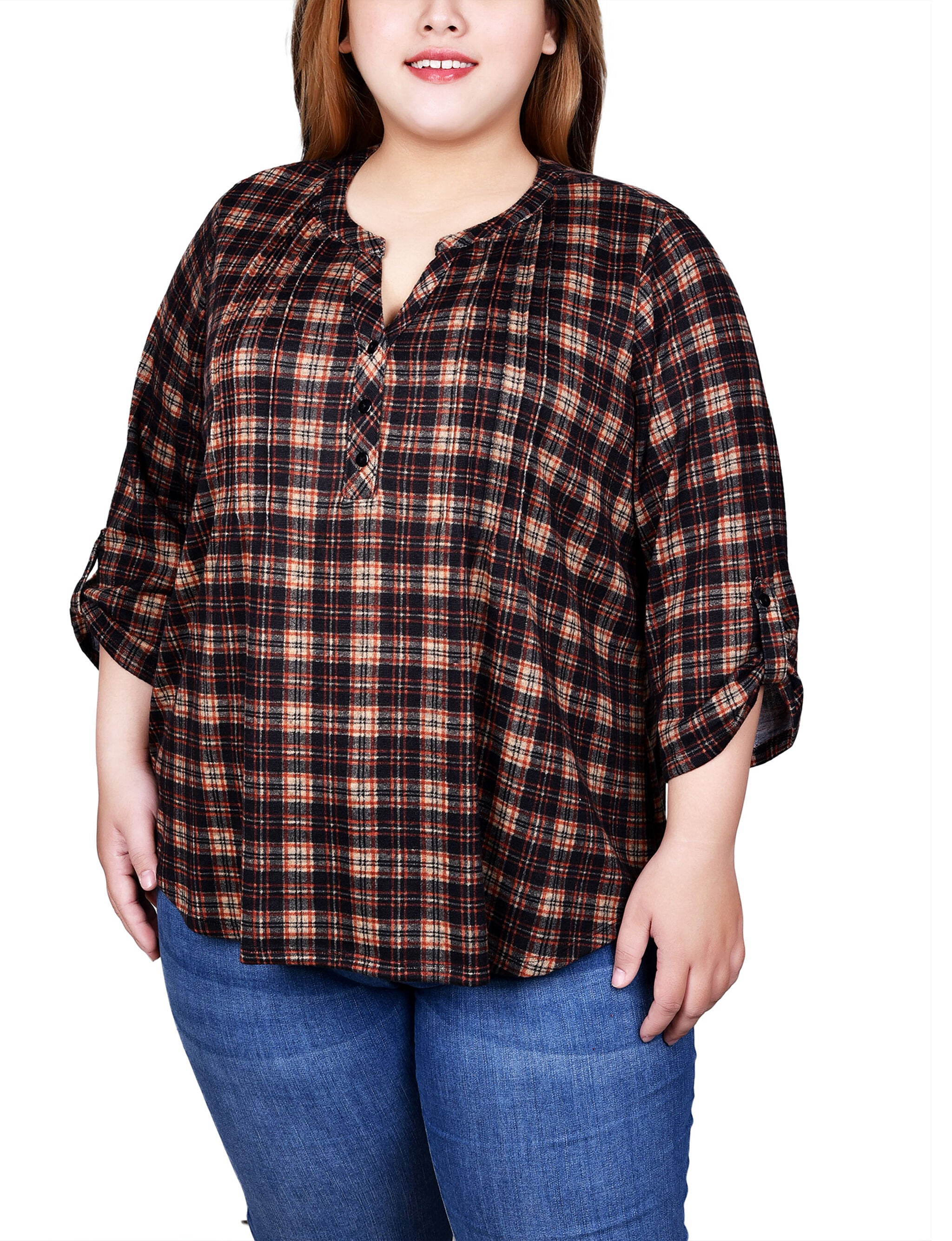 3/4 Roll Sleeve Top, Nude Black Plaid / black, hi-res image number 0