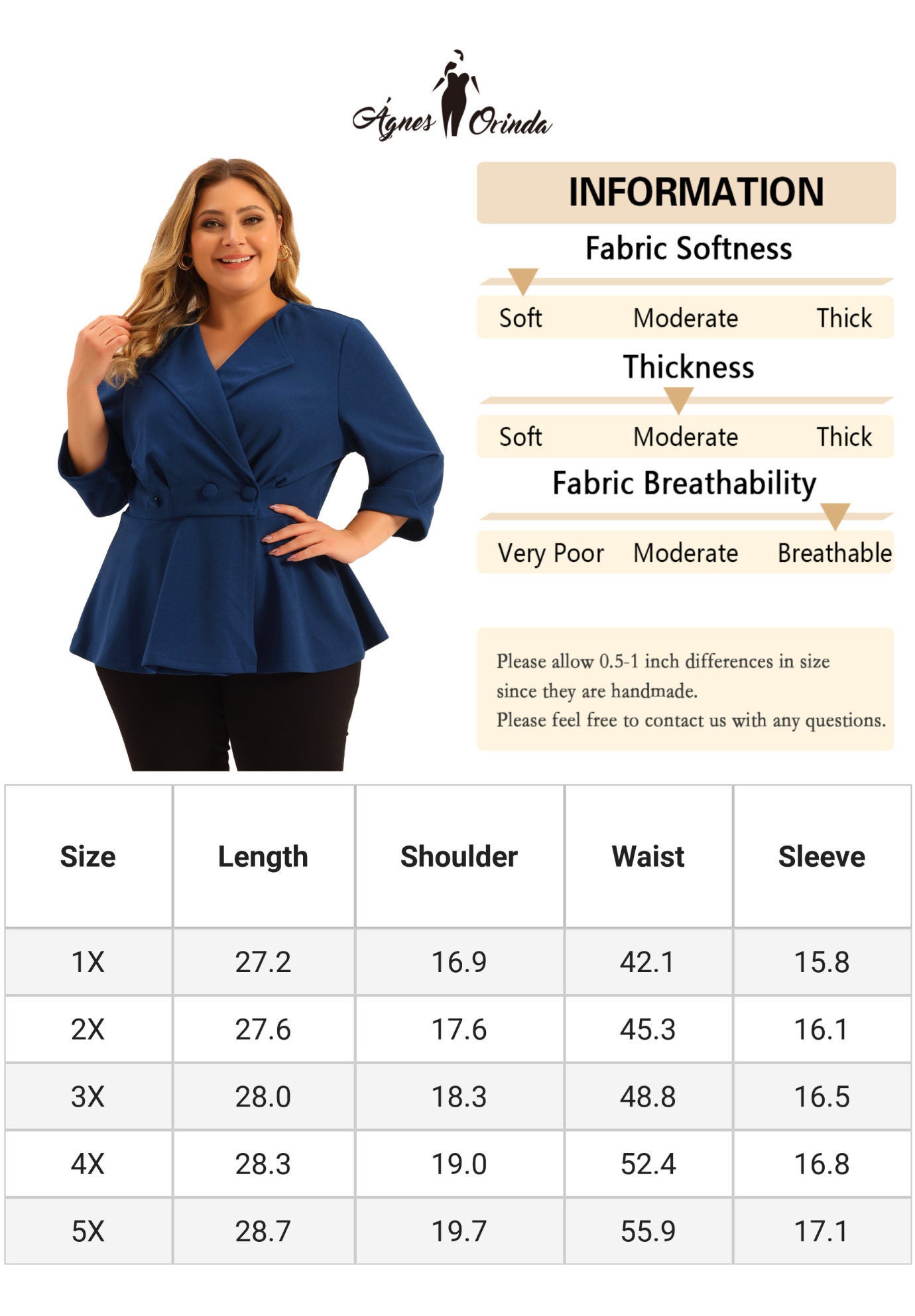 NOTCHED LAPEL PEPLUM JACKET SUIT BLAZER, Blue / Azure Blue, alternate image number 3