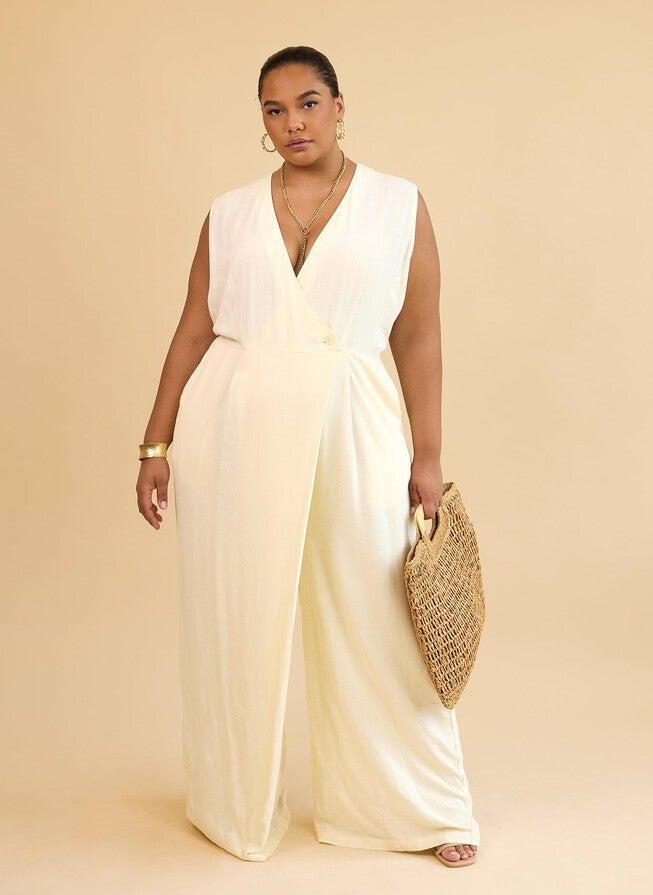 ALIA LINEN WRAP OVERLAY WIDE LEG JUMPSUIT - IVORY, Beige / Beige, alternate image number 1