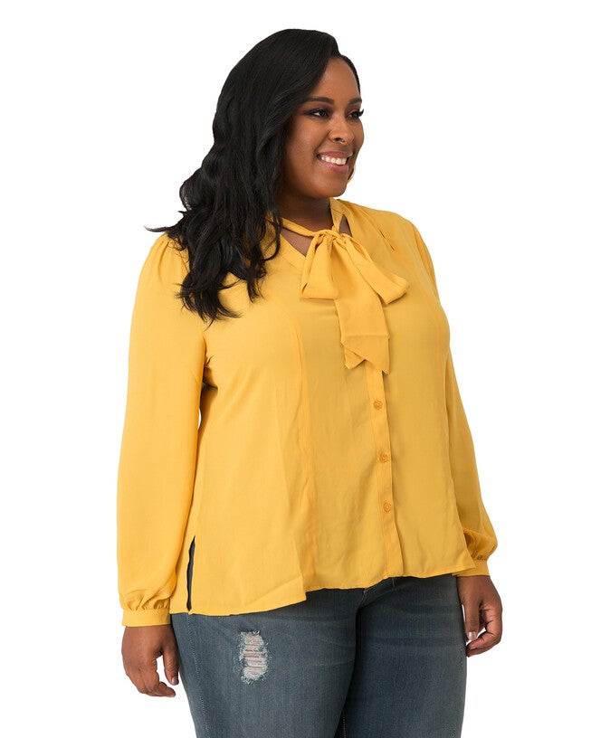Plus Size Tasha Chiffon Button-Up Neck-Tie Blouse, Mustard / Mustard, alternate image number 4