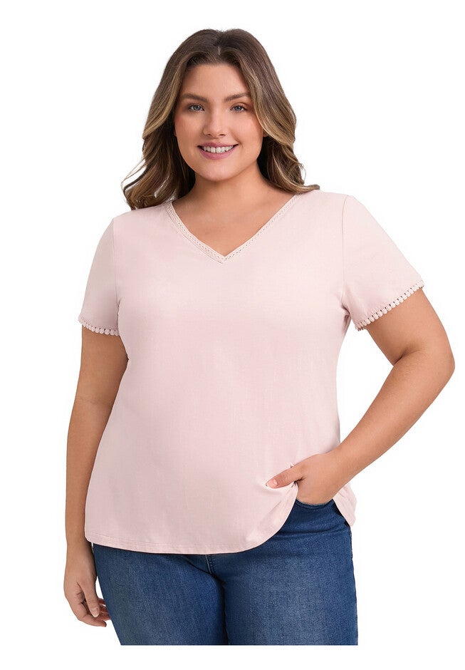 Crochet Trim V Neck Blouses Short Sleeve Casual Tee Top, Light Pink / Pink, alternate image number 2