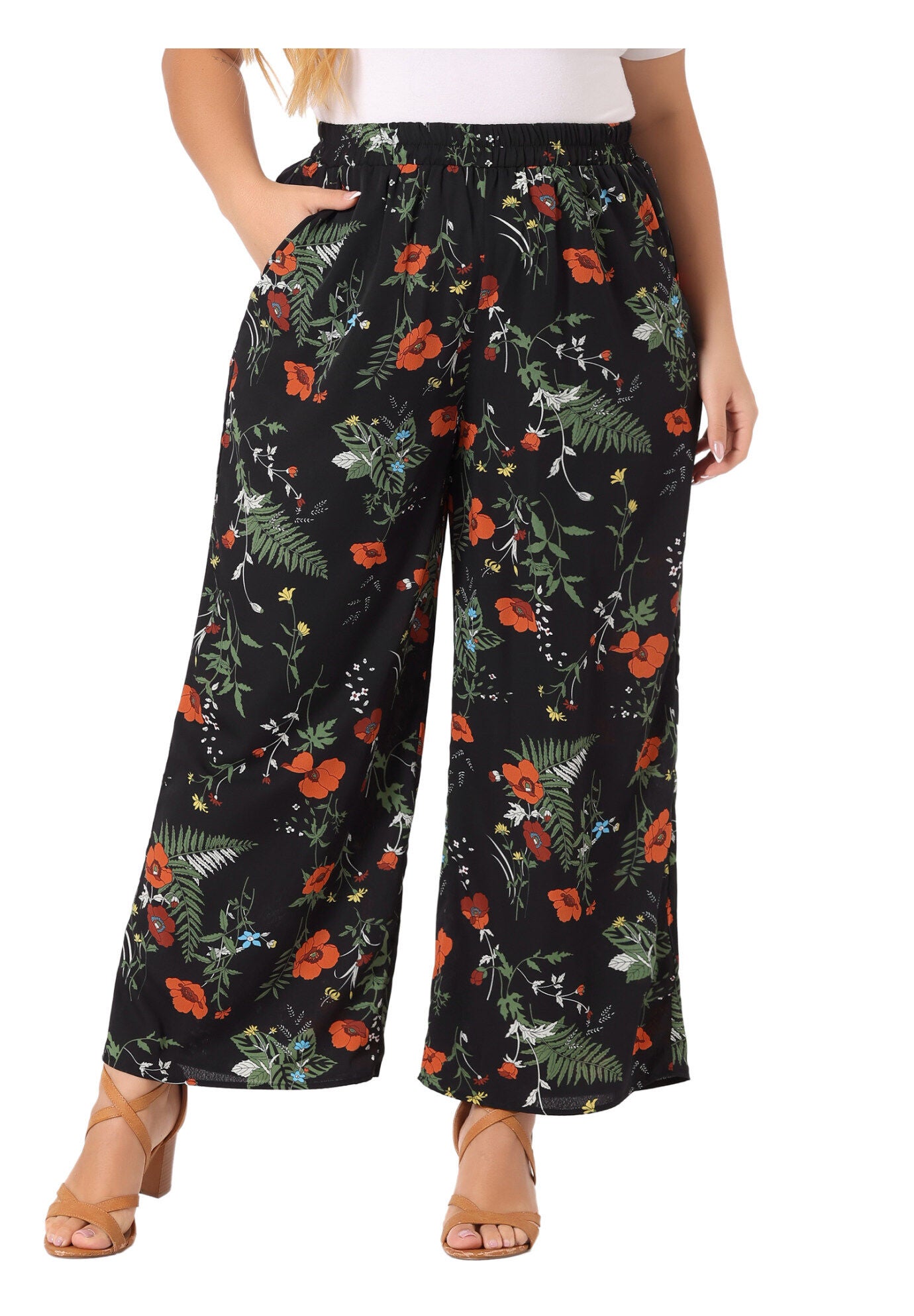 CHIFFON HIGH WAIST WIDE LEG PALAZZO PANTS, Black / Black, alternate image number 2