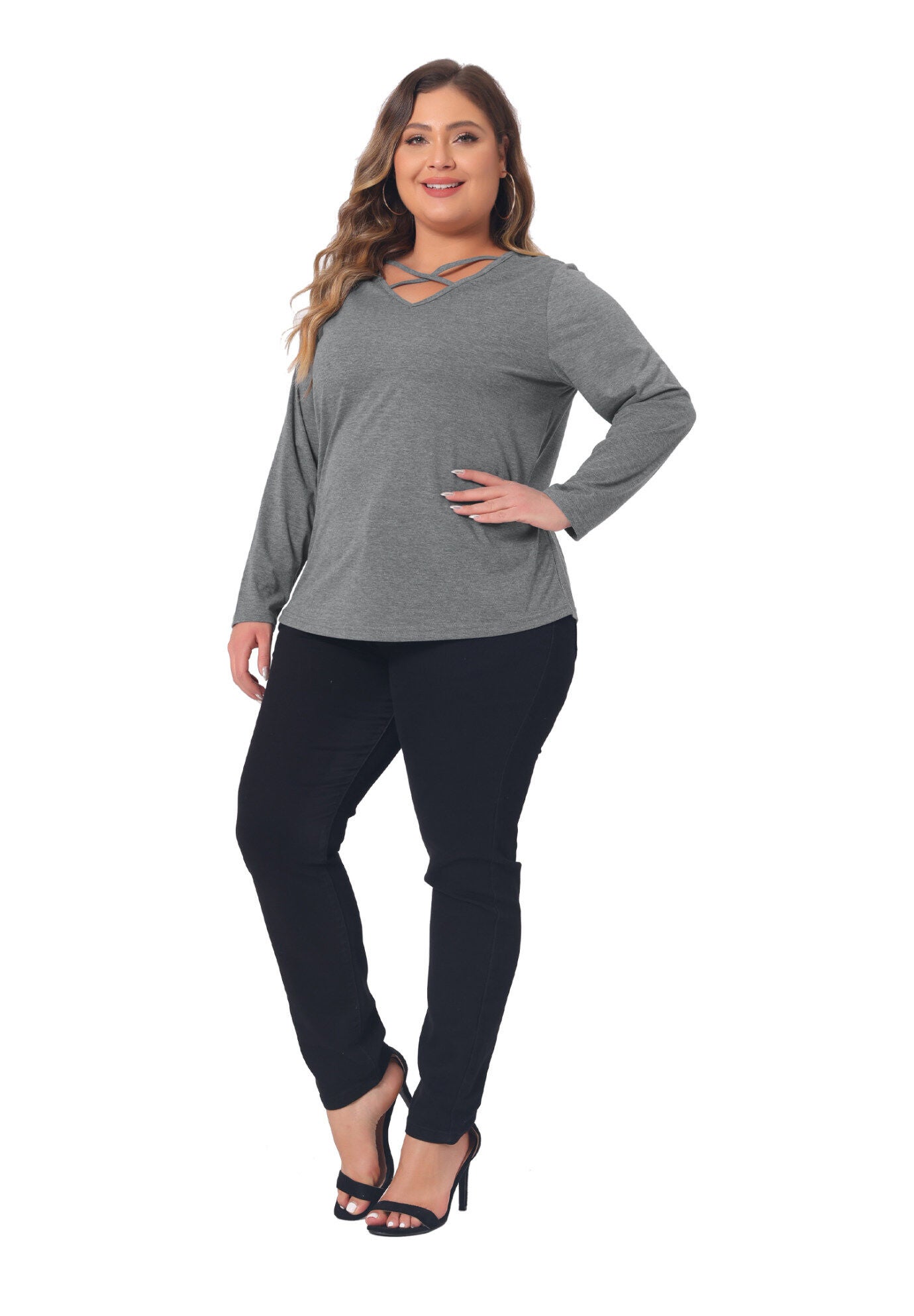 CROSS V NECK LONG SLEEVES T-SHIRT TOP, Grey / Light Grey, hi-res image number 0