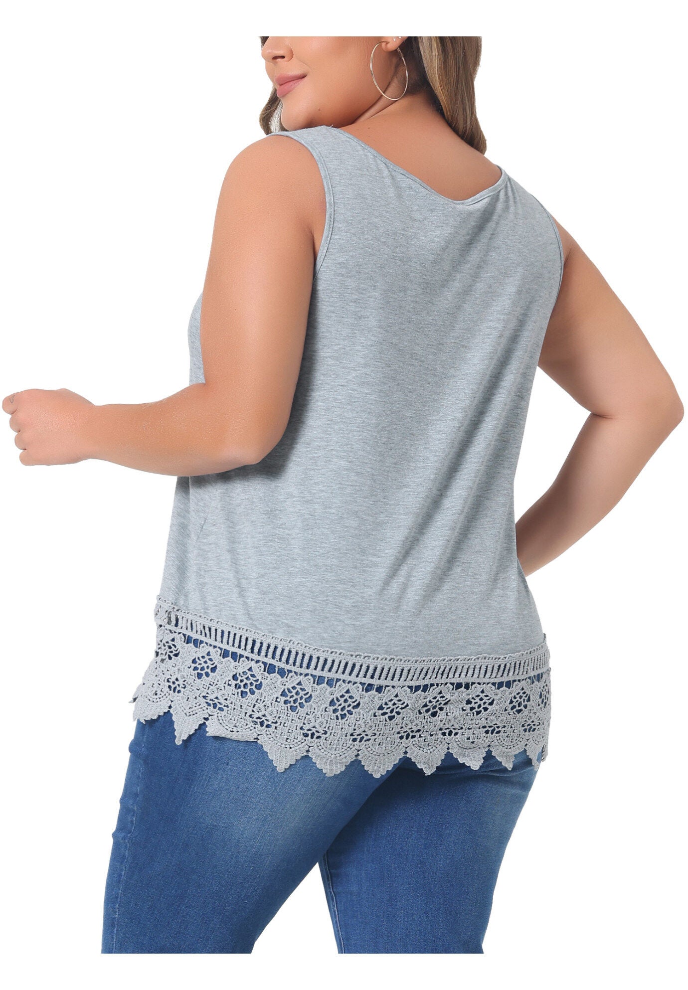 Round Neck Sleeveless Swing Lace Panel Flowy Top, Grey / Light Grey, alternate image number 2