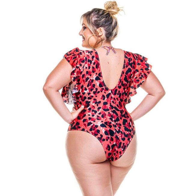 Ruffle Shoulder Cupped Bodysuit, Savanna / Red, alternate image number null