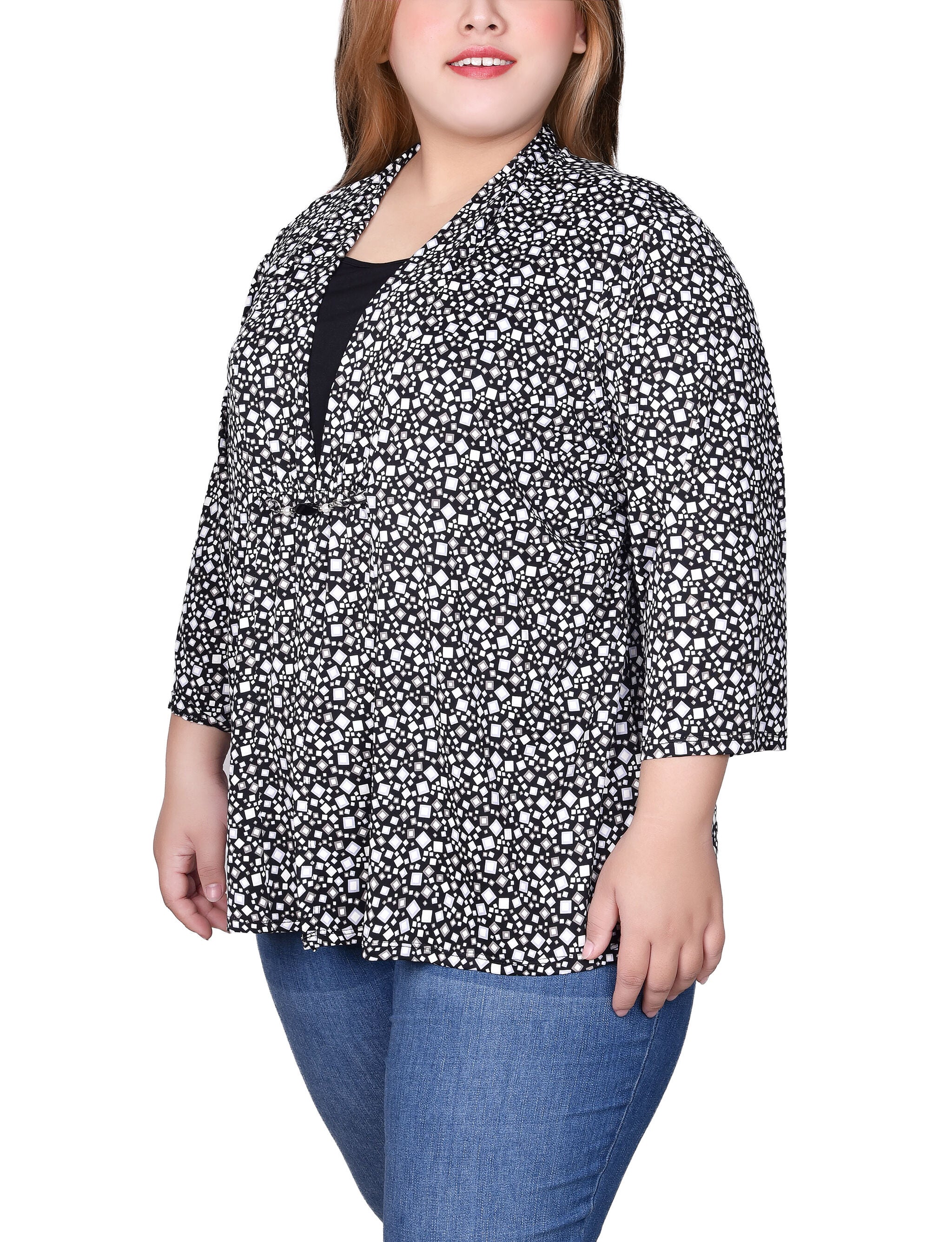 Puff Print 3/4 Sleeve Two-Fer Top, Black Multi Square, alternate image number 2