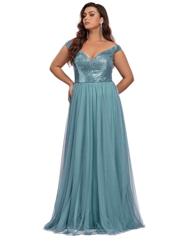Sequin Off the Shoulder Maxi Tulle Evening Dress, Dusty Blue / Dusty Blue, alternate image number 4