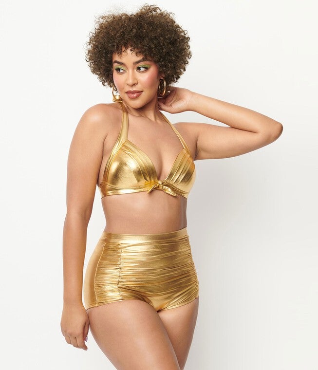Unique Vintage Gold Monroe Halter Swim Top, , alternate image number null