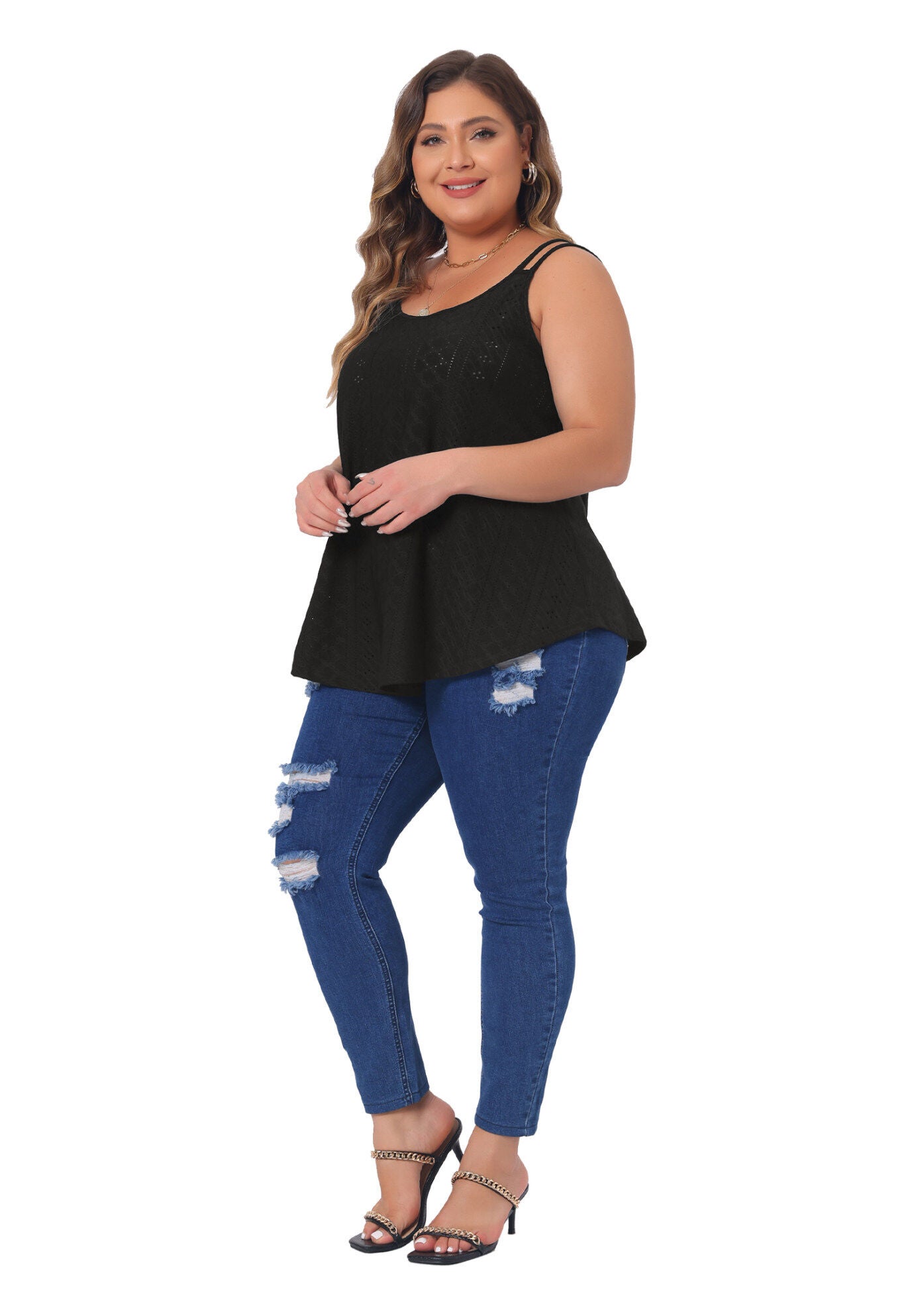 Eyelet Embroidery Sleeveless Spaghetti Strap Loose Fit Cami Tank Top, Black / Black, hi-res image number 0