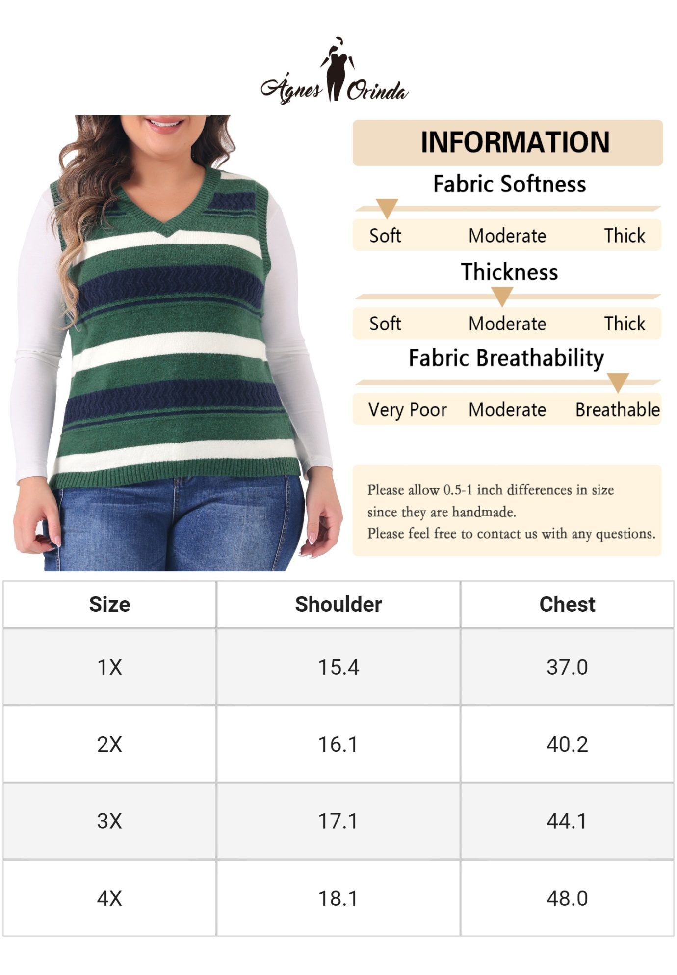 V Neck Striped Knit Casual Pullover Sweater Vest, Green / Hunter Green, alternate image number 4