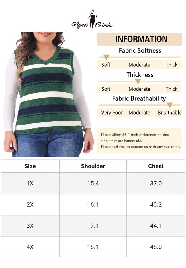 V Neck Striped Knit Casual Pullover Sweater Vest, Green / Hunter Green, alternate image number 4