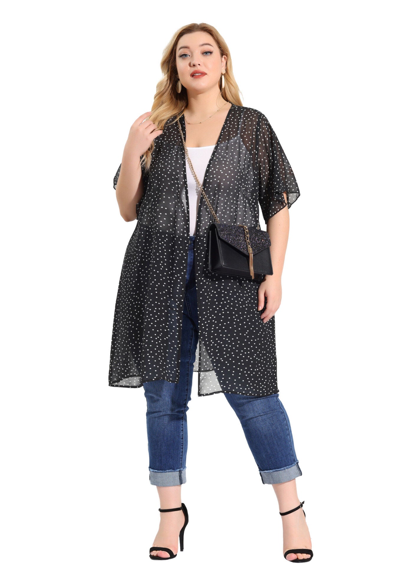 SHORT SLEEVE BIKINI POLKA DOTS KIMONO COVER UP, Black / Black, hi-res image number 0