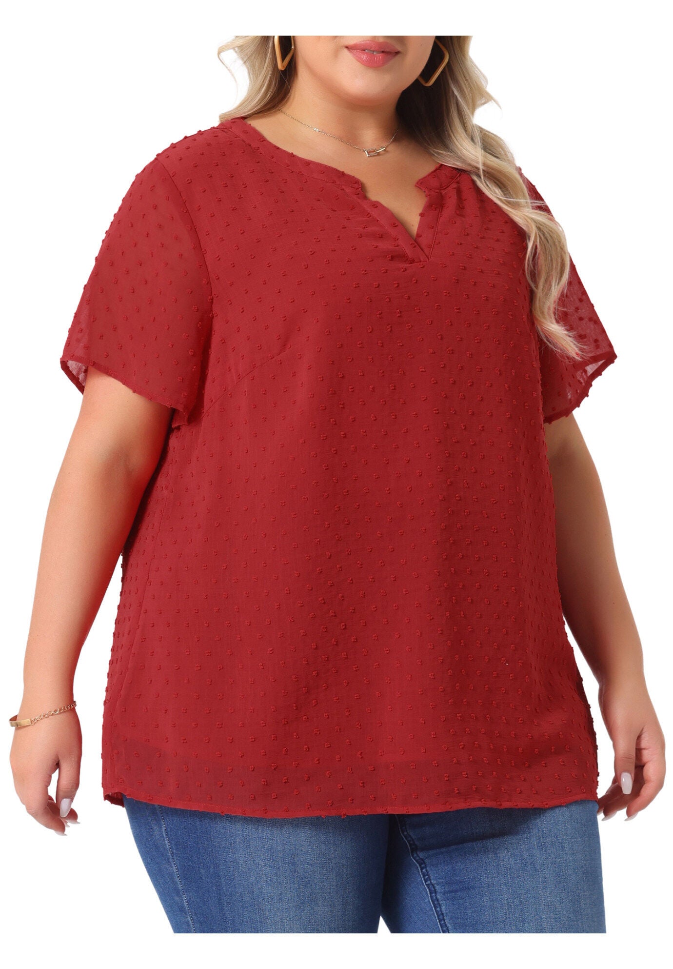 Swiss Dots Notched Neck Short Sleeve Basic Blouse, Red / Red, alternate image number 1