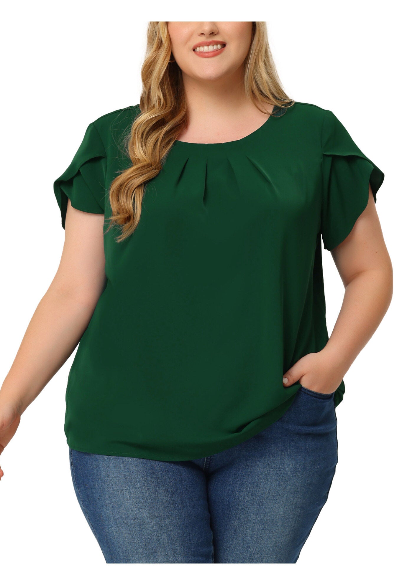Round Neck Pleated Top Tulip Sleeves Blouse Top, Green / Quetzal Green, alternate image number 3