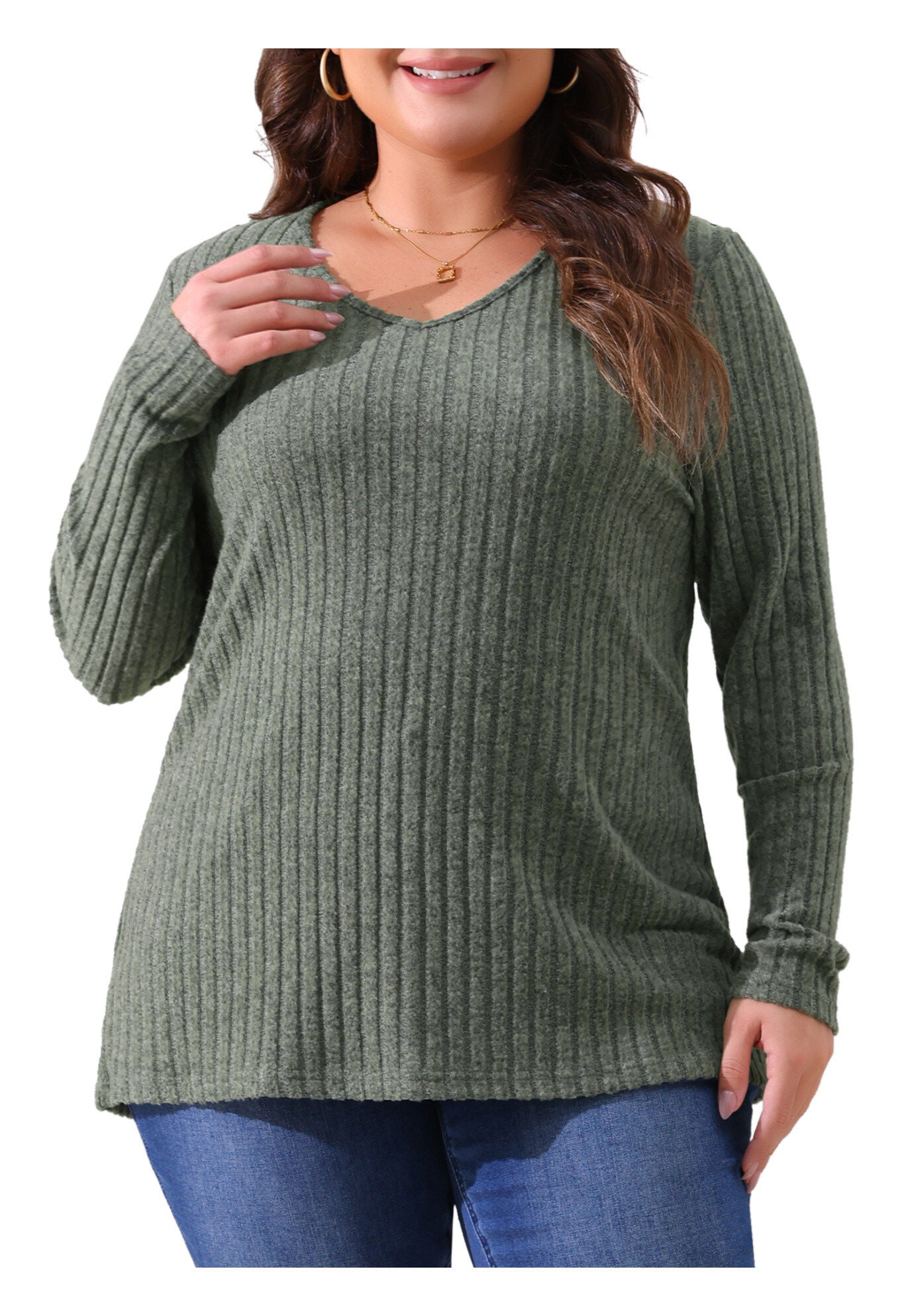 V Neck Long Sleeve Ribbed Brushed Tunic Blouse, Green / Olive Green, alternate image number 2