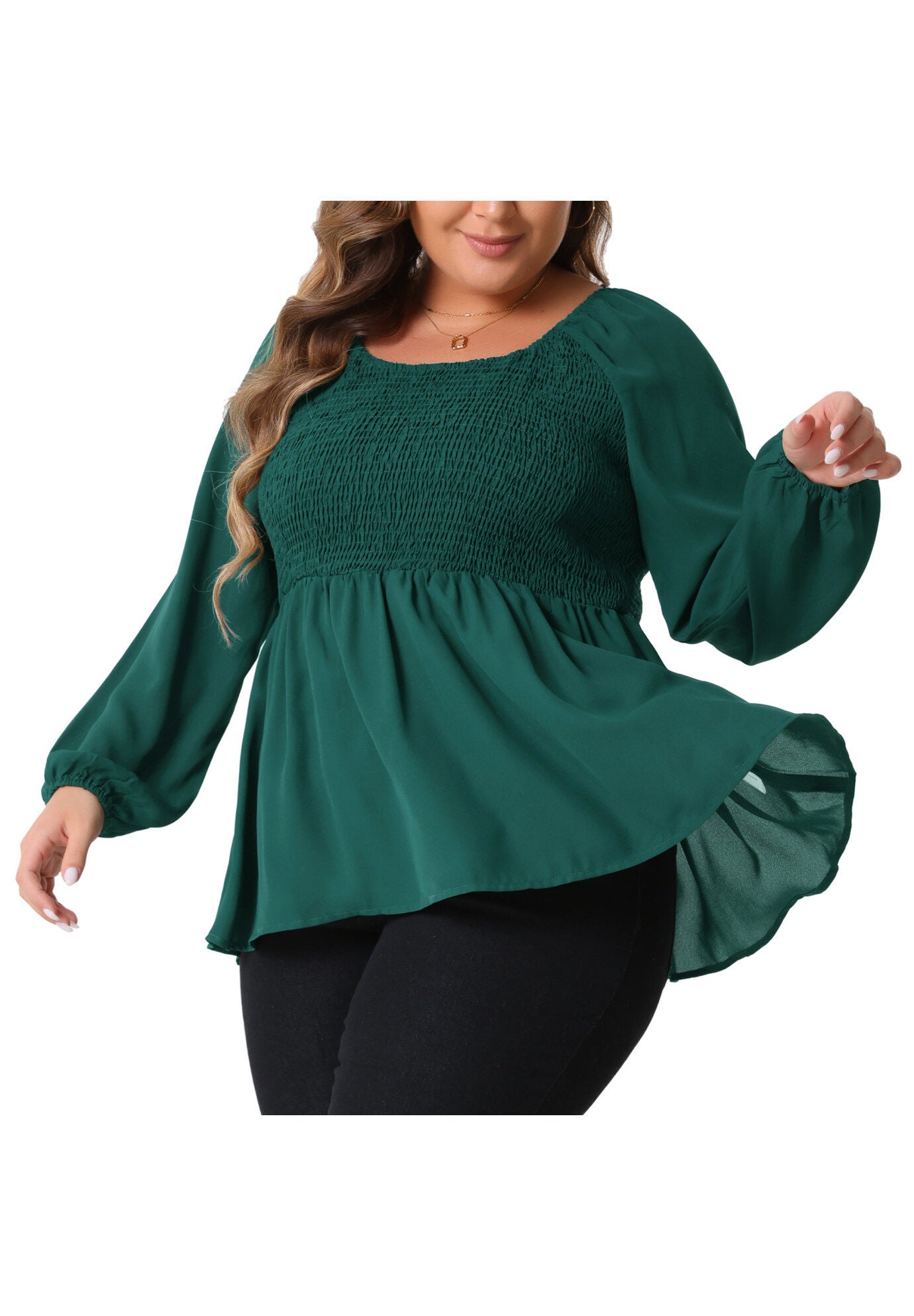 Smocked Peplum Crew Neck Long Sleeve Babydoll Chiffon Shirt Top, Green / Hunter Green, alternate image number 3