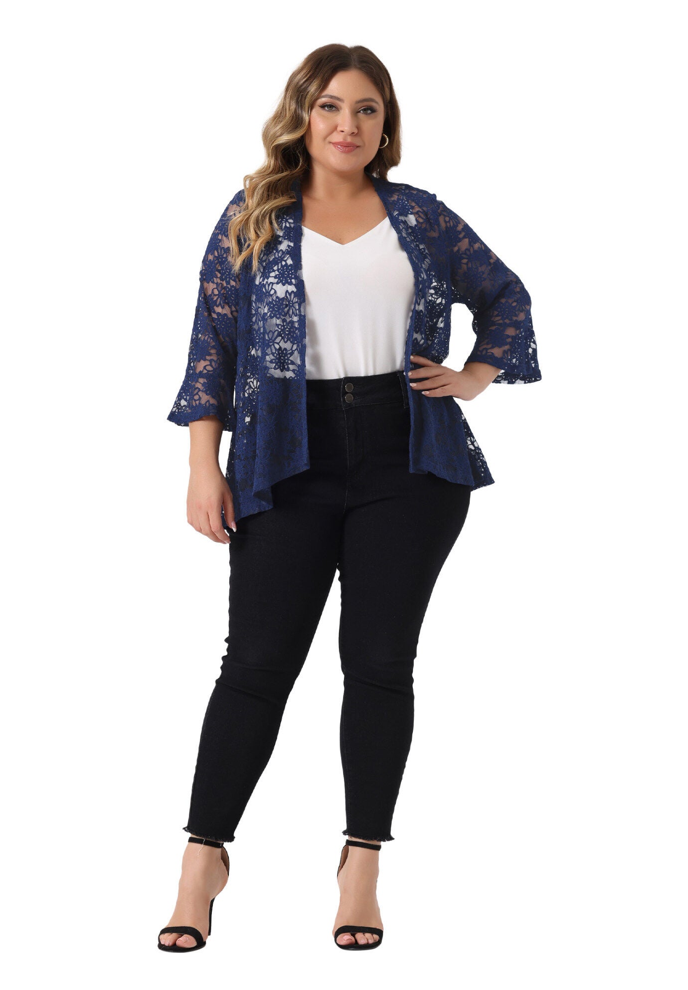 OPEN FRONT 3/4 BELL SLEEVE SHEER LIGHTWEIGHT LACE COVER UP CARDIGAN, Blue / Navy, alternate image number 2