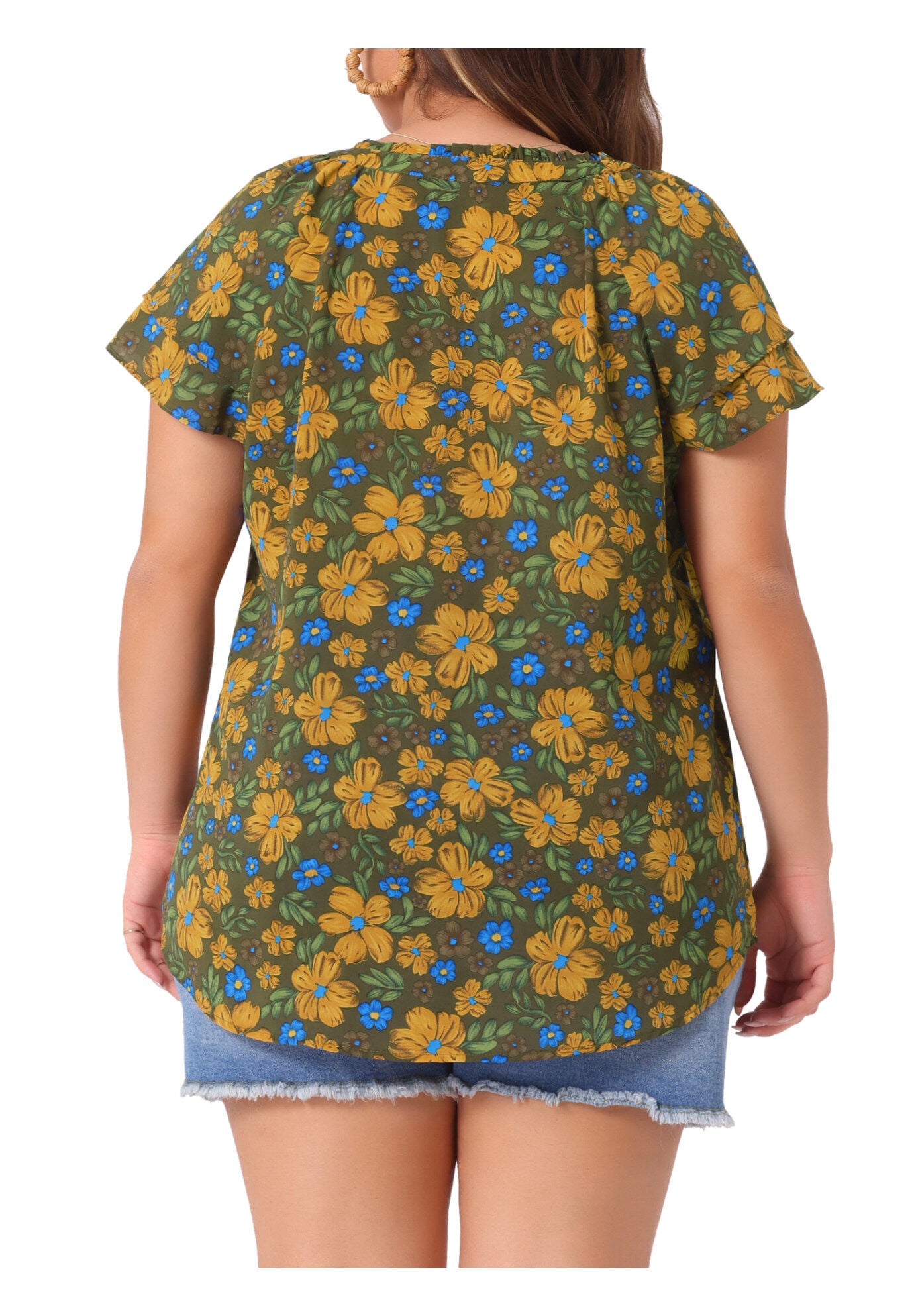 Floral Ruffle Trim V Neck Layered Sleeve Blouse, Army Green / Olive Green, alternate image number 3