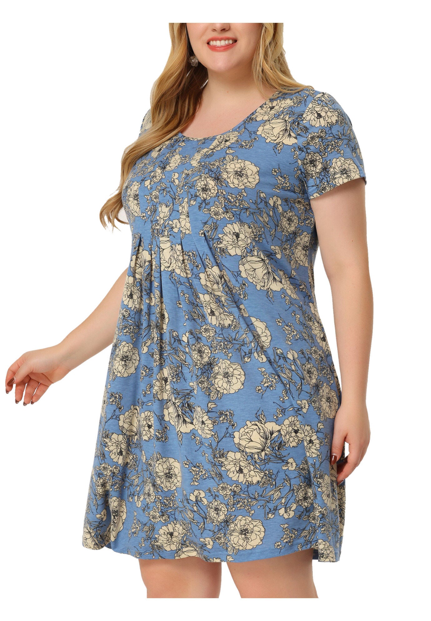 Short Sleeves Pleated Summer Beach Casual Loose Floral Dress, Blue / Cornflower Blue, alternate image number 2