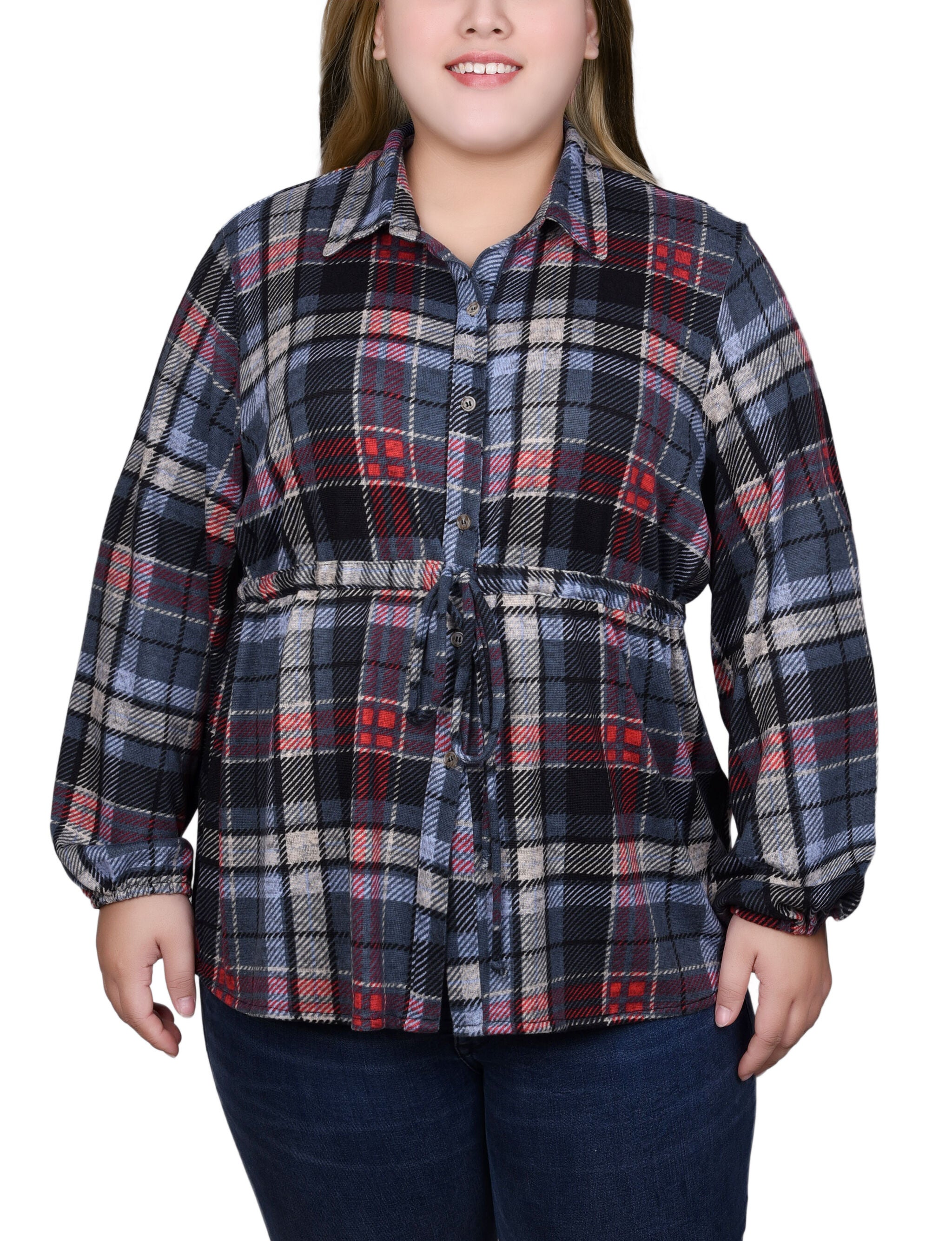 Long Dolman Sleeve Drawstring-Waist Tunic Top, Red Denim Plaid, hi-res image number 0
