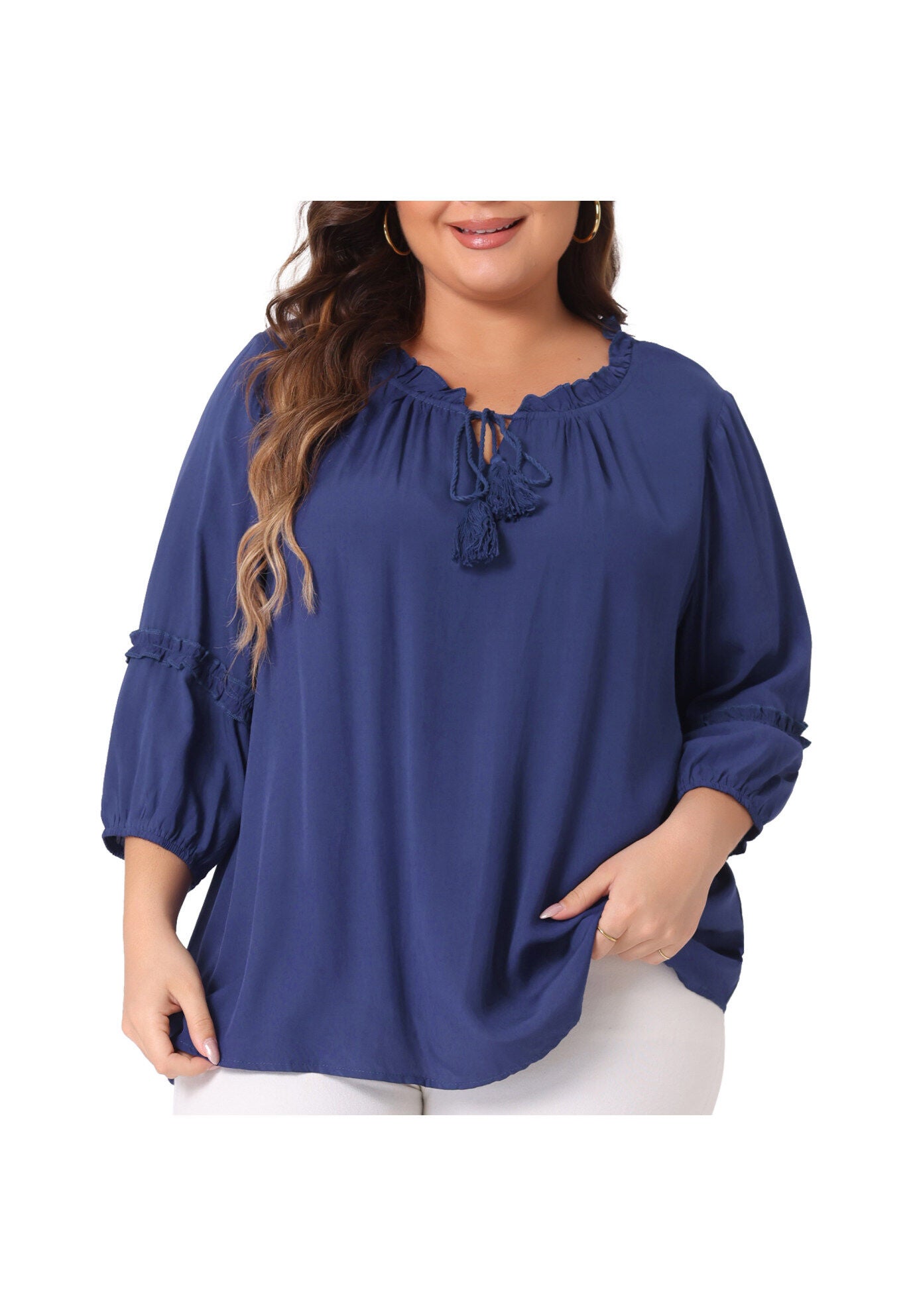TIE NECK TASSEL SELF FLUTTER 3/4 SLEEVE BLOUSE TOP, Navy Blue / Navy, alternate image number 2
