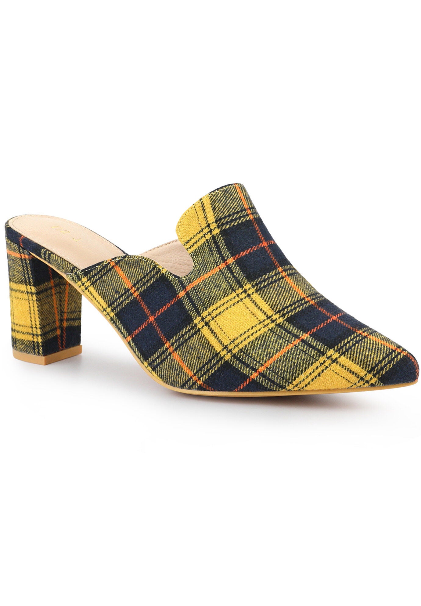 Pointed Toe Slip on Chunky Heels Houndstooth Slide Mules, Yellow / Yellow, hi-res image number 0