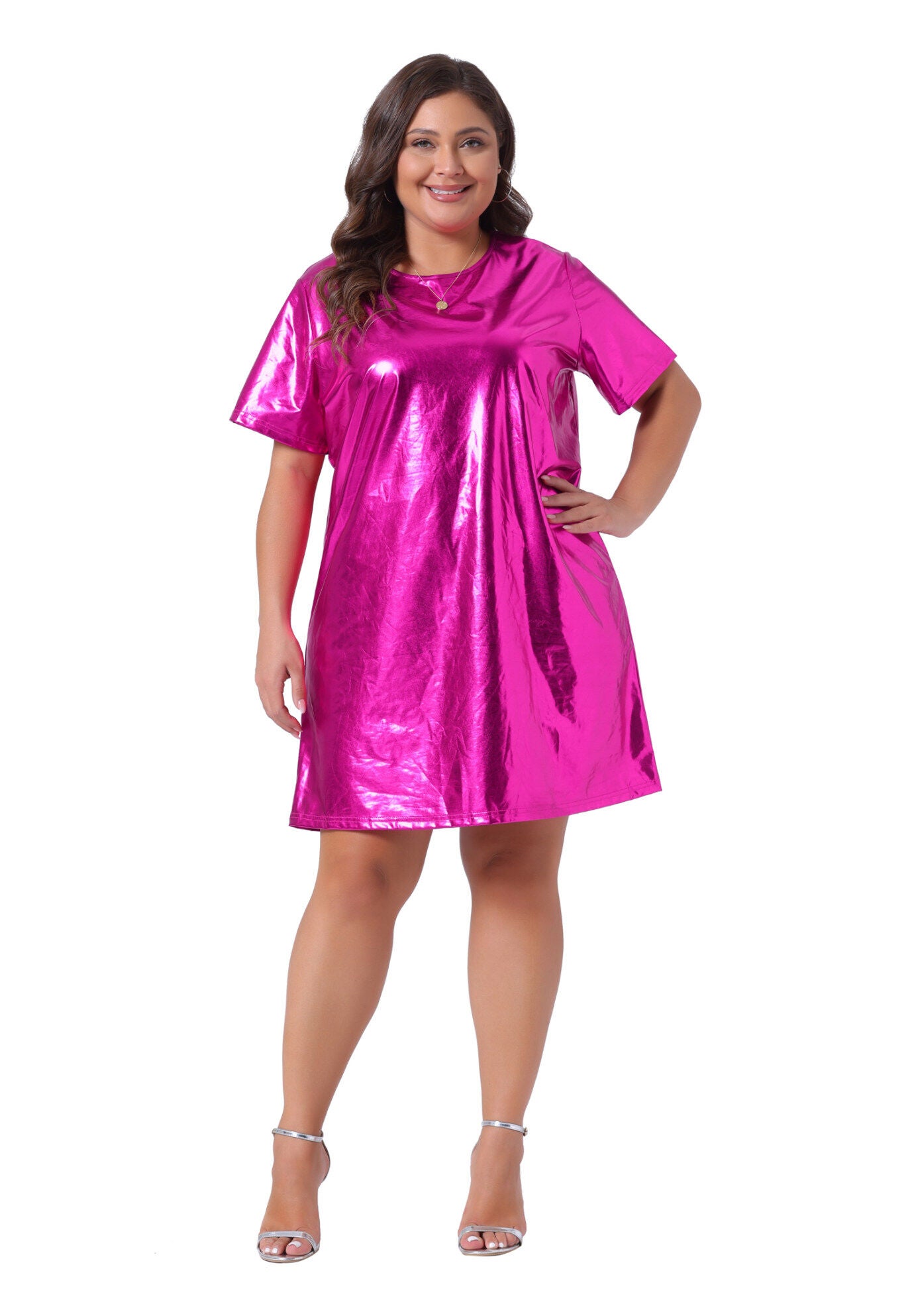 Metallic Round Neck Short Sleeve Loose Mini T-Shirt Dress, Hot Pink / Deep Fuchsia, hi-res image number 0