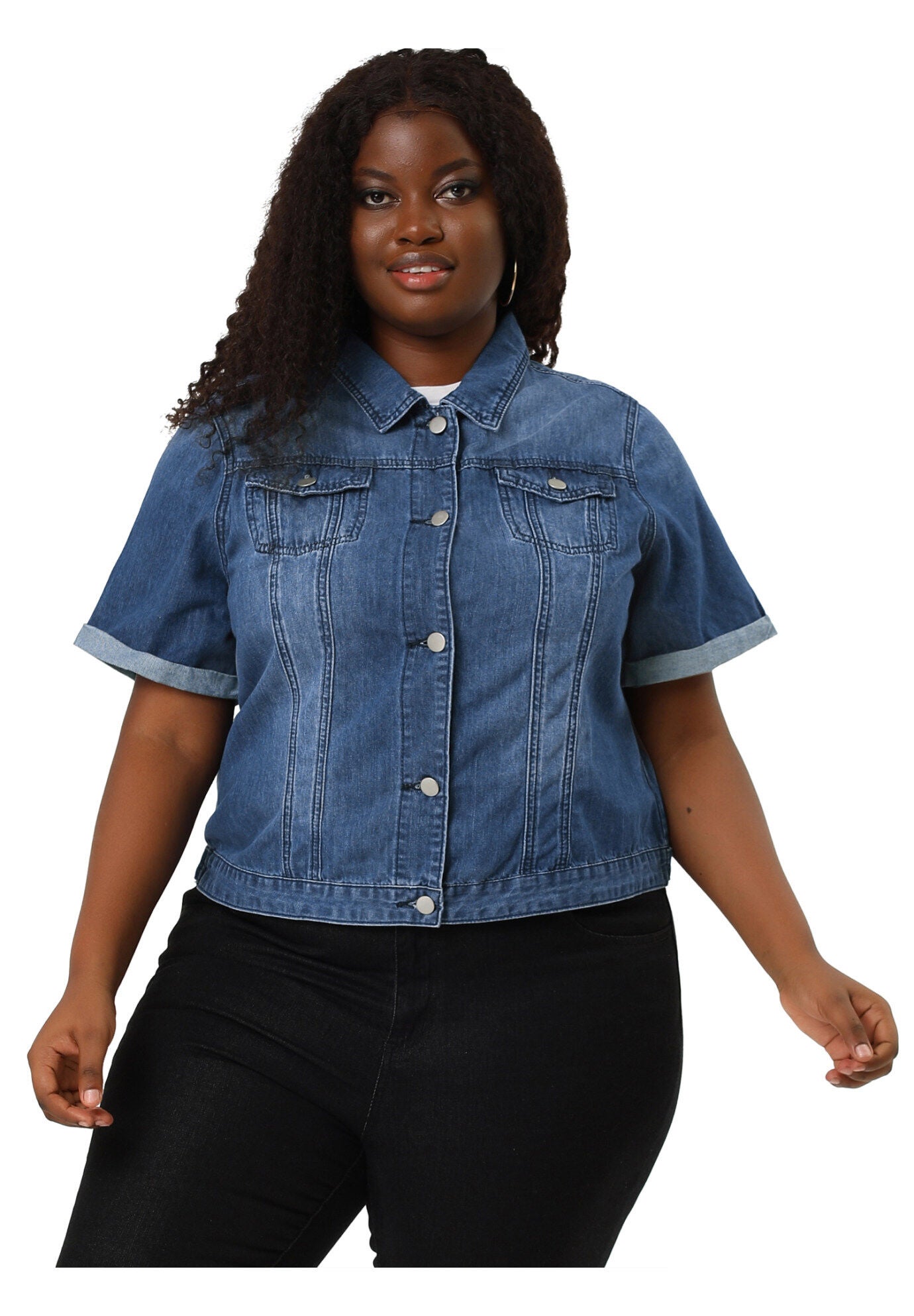 BUTTON FRONT CROP JEAN SHORT SLEEVE DENIM JACKET, Blue / Royal Blue, alternate image number 1
