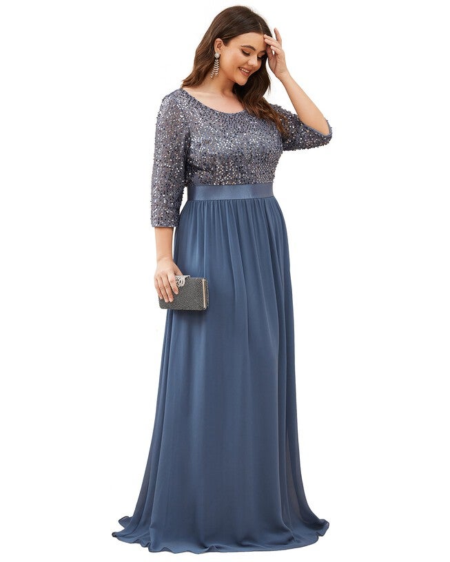 3/4 Sleeves Round Neck Evening Dress With Sequin Bodice, , alternate image number 9