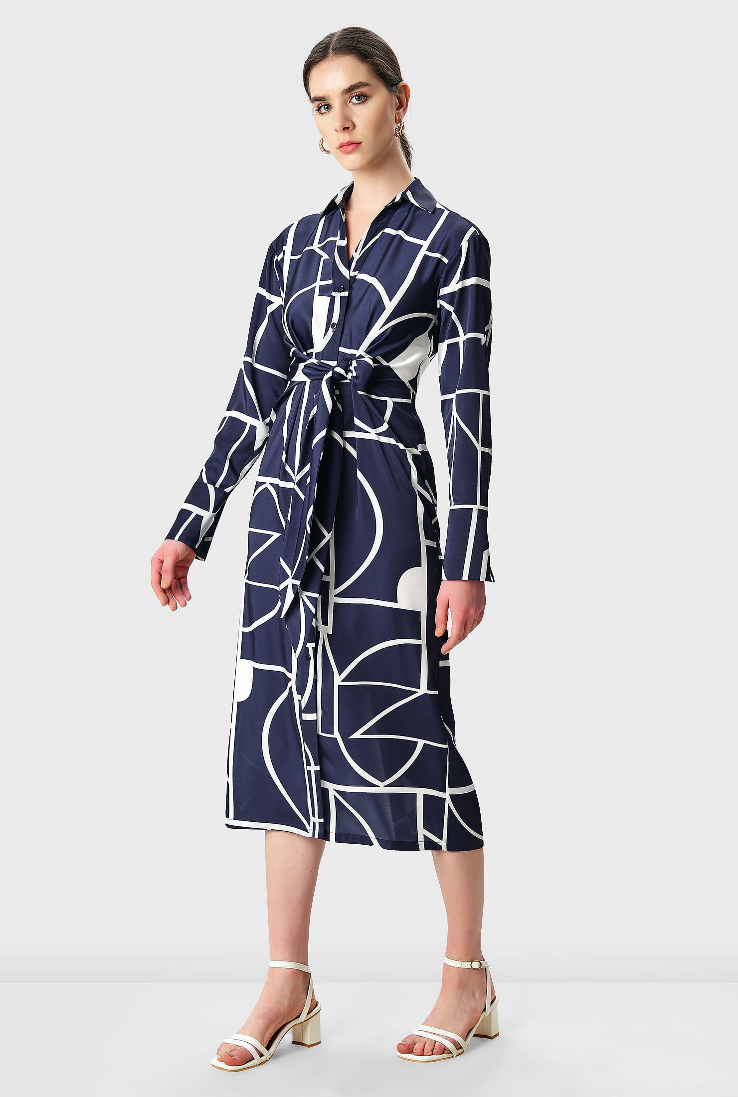 Graphic Print Satin Vented Shirtdress, Deep Navy / Navy, alternate image number 2