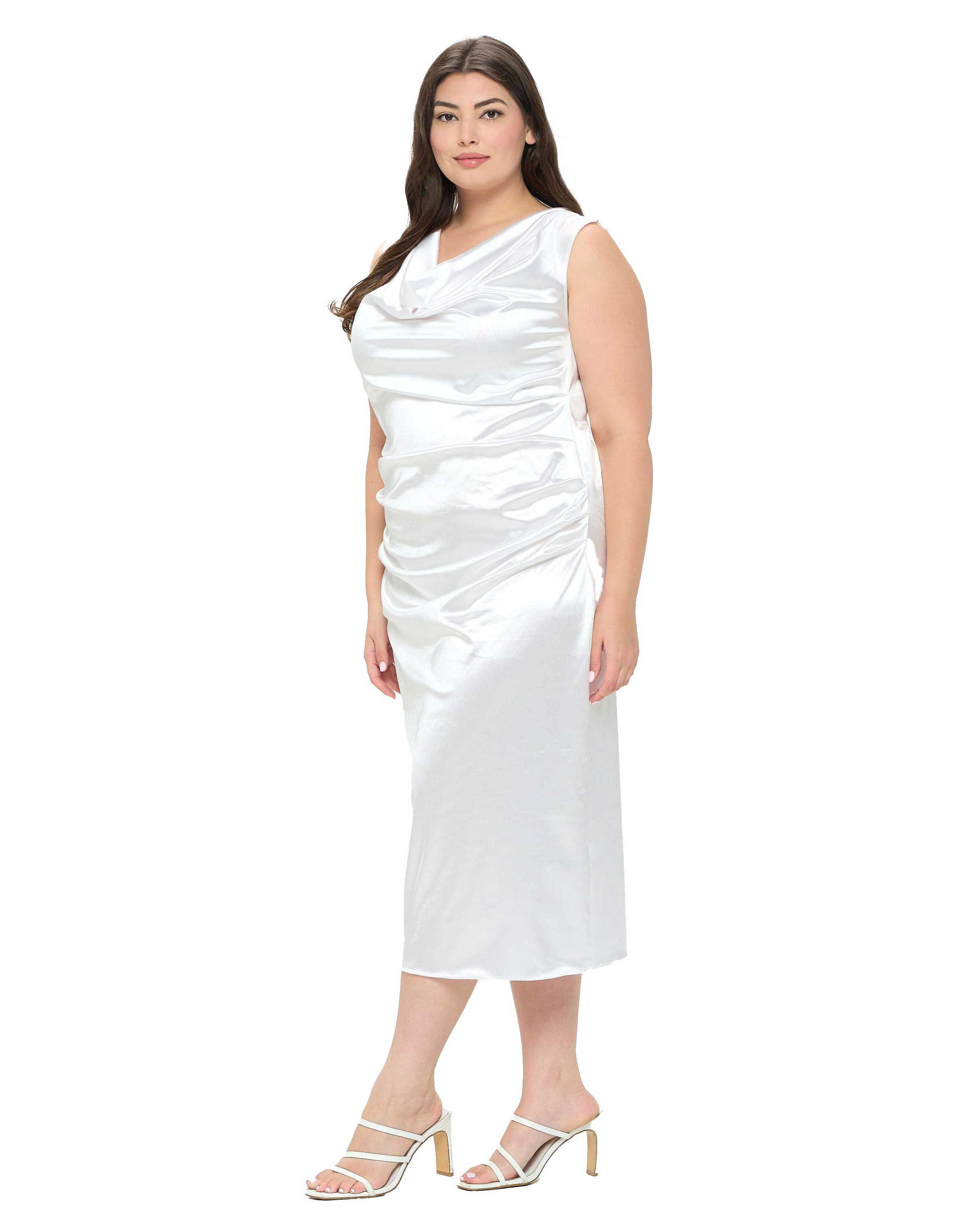 TOPANGA SATIN STRETCH COWL DRESS, White / White, alternate image number 2