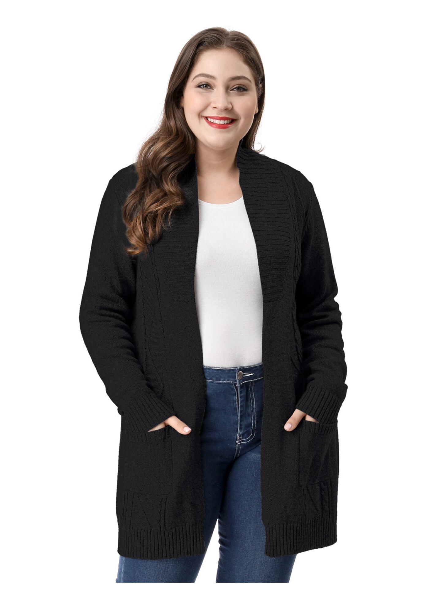 SHAWL COLLAR OPEN FRONT SWEATER CARDIGAN, Black / Black, alternate image number 1