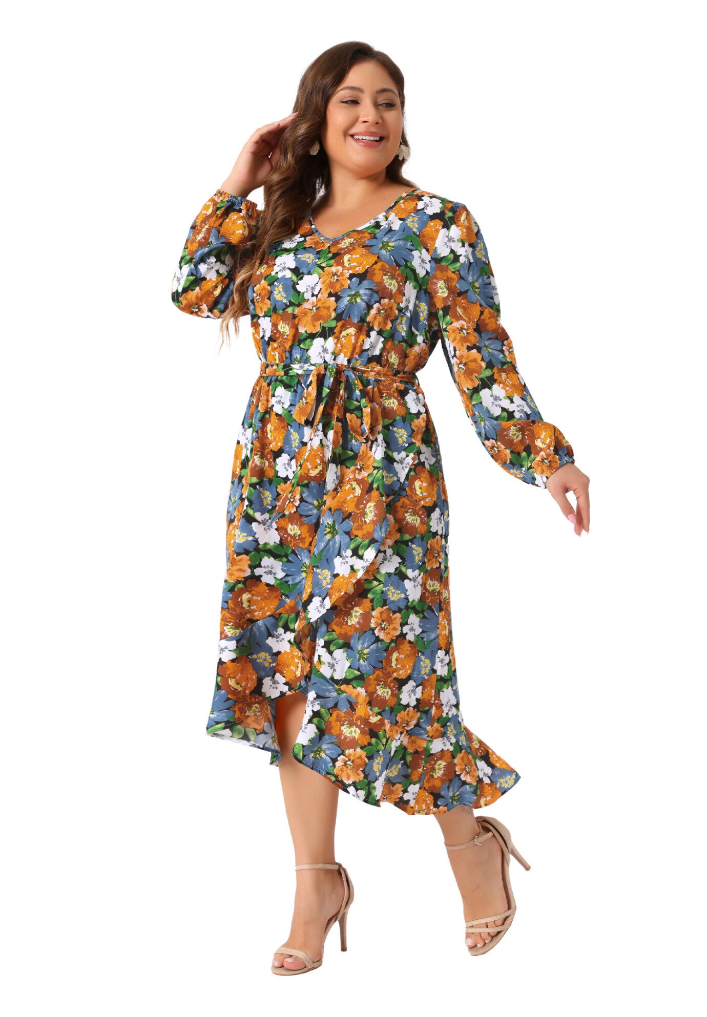 V Neck Long Sleeve Ruffle Chiffon Flowy Floral Maxi Dress with Belt, Black / Black, hi-res image number 0