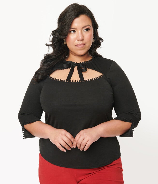 Unique Vintage Black Cutout Neck Tie Top, Black / Black, alternate image number null