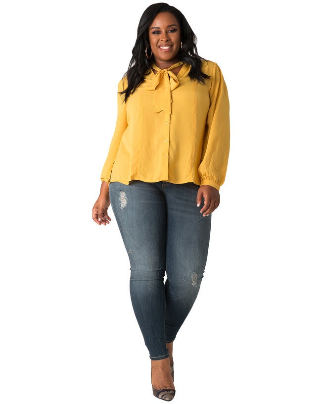 Plus Size Tasha Chiffon Button-Up Neck-Tie Blouse, Mustard / Mustard, alternate image number 1