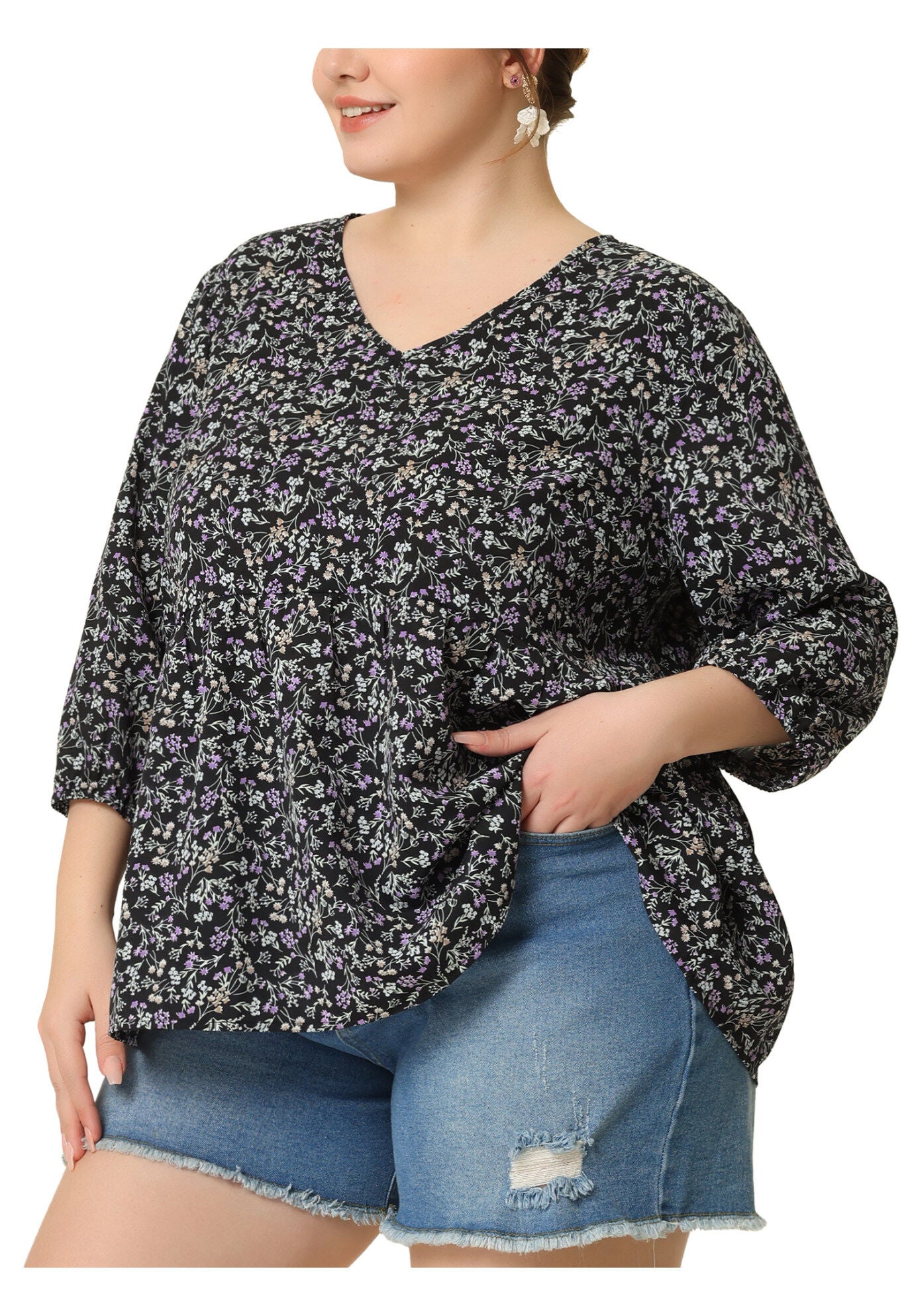 V Neck Babydoll Flowy 3/4 Lantern Sleeve Floral Blouse, Black / Black, alternate image number 2