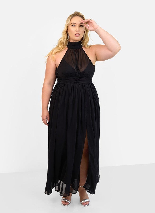 ELISE CHIFFON HALTER MAXI A LINE DRESS W. SLIT, Black / Black, alternate image number null