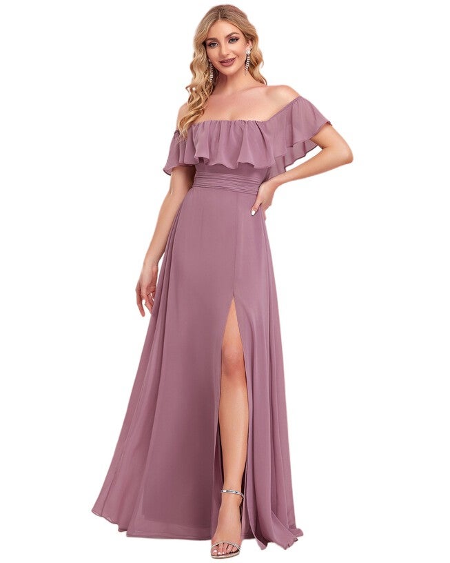 Women's Off Shoulder Ruffle Thigh Slit Bridesmaid Dresses, , alternate image number 7