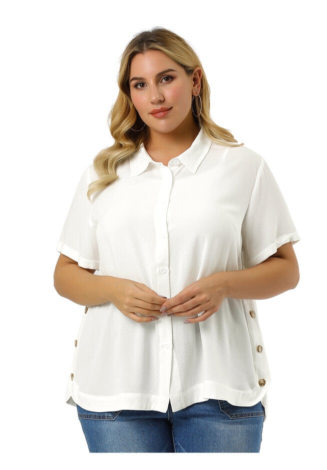 Short Sleeve Collar Button Front Work Shirt Top, White / White, alternate image number 3