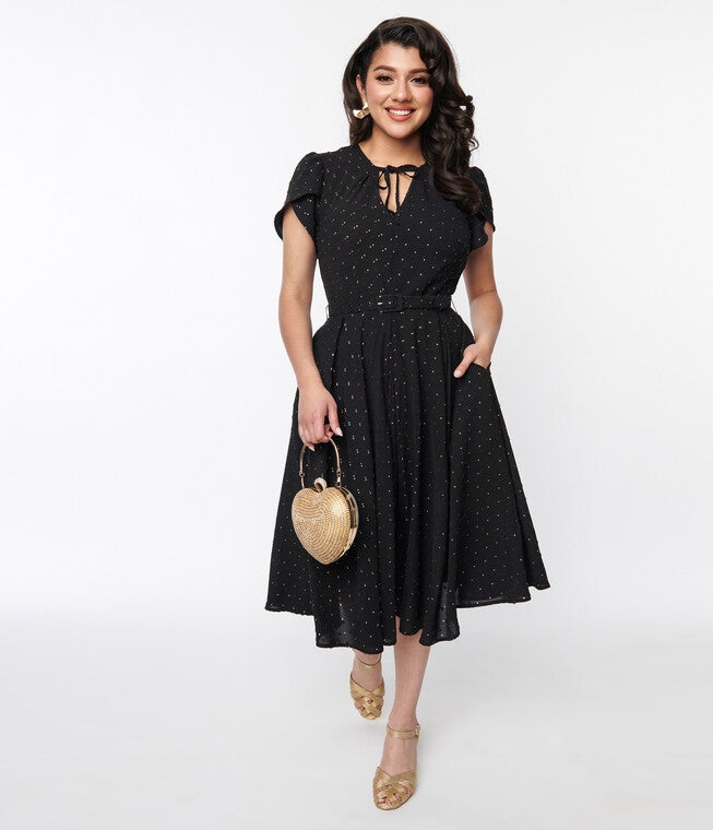 Black & Gold Clip Dot Dahlia Swing Dress, Black Gold Clip Dot / Black, hi-res image number null
